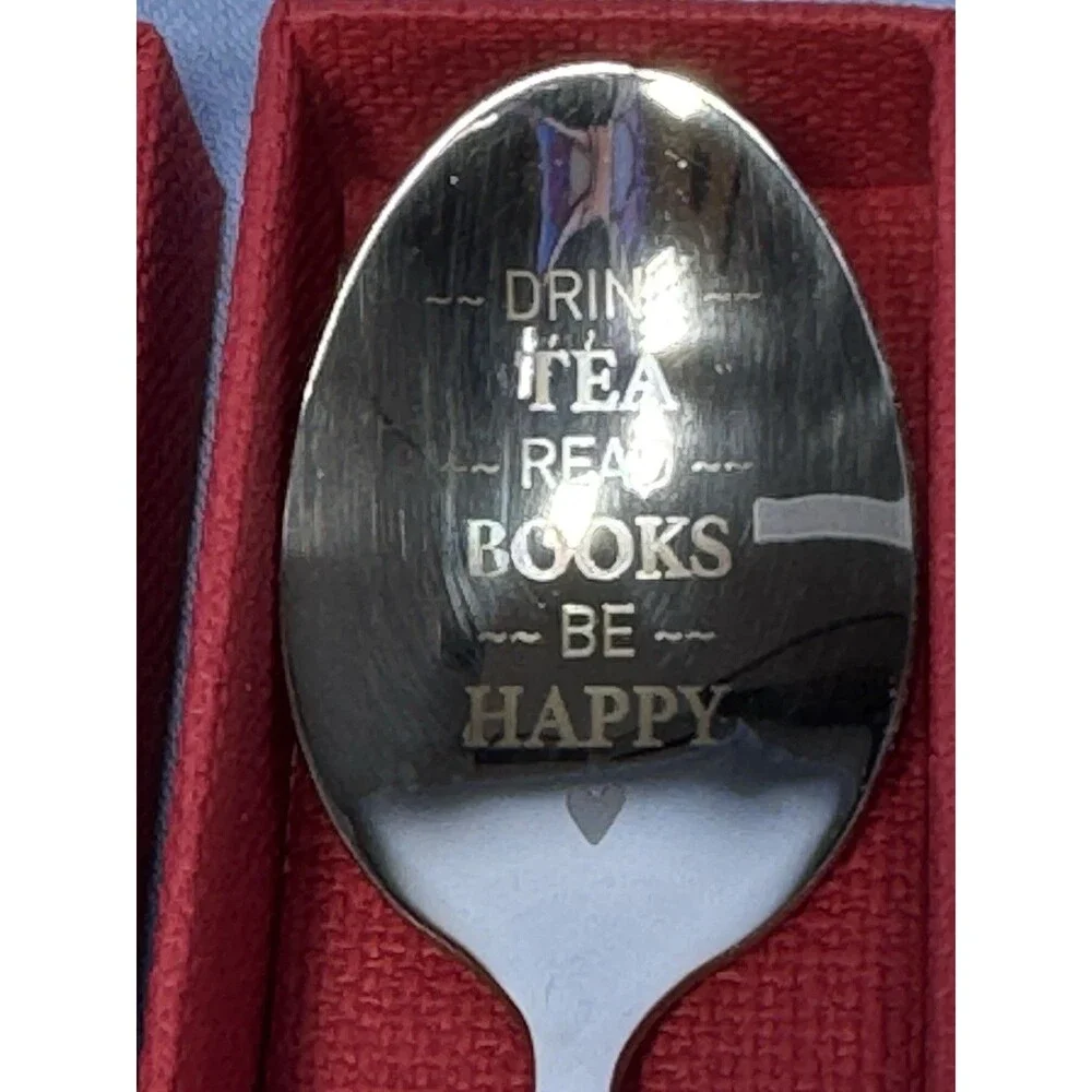 2 Stainless Steal, Drink Tea Read Books Be Happy Tall Iced Tea Spoons W Boxes.